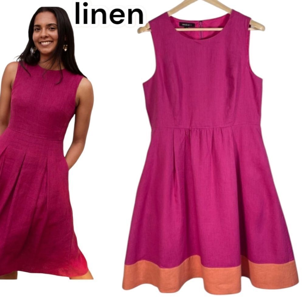 Lafayette 148 Fuchsia Pink Fit And Flare Linen Dress Large